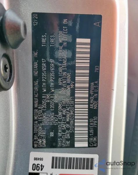 2021 Toyota Sienna Xle z USA, uszkodzony, nr VIN 5TDYRKEC9MS013811